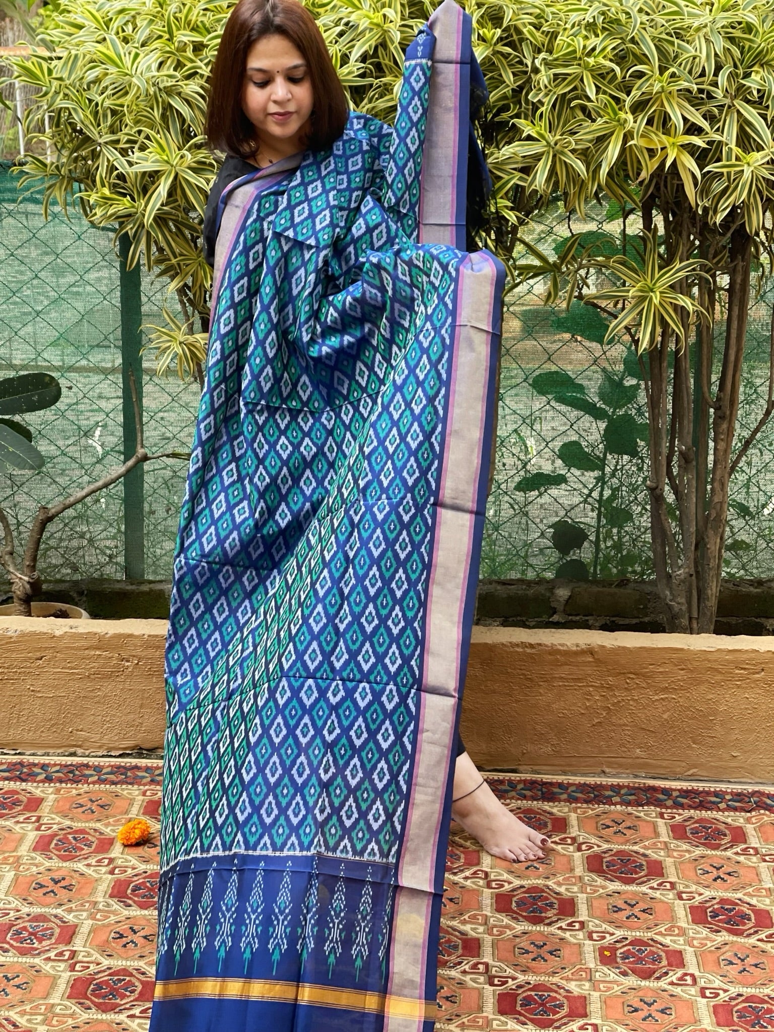 Blue Handwoven Ikat Dupatta Pure Silk - Cotton - Masakalee