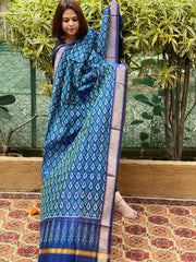 Blue Handwoven Ikat Dupatta Pure Silk - Cotton - Masakalee
