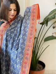 Blue Handwoven Ikat Dupatta with Handpainted Madhubani in Cotton - Masakalee