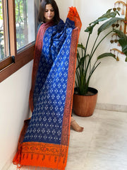 Blue Handwoven Ikat Dupatta with Handpainted Madhubani in Cotton - Masakalee