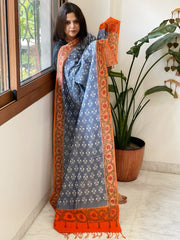 Blue Handwoven Ikat Dupatta with Handpainted Madhubani in Cotton - Masakalee