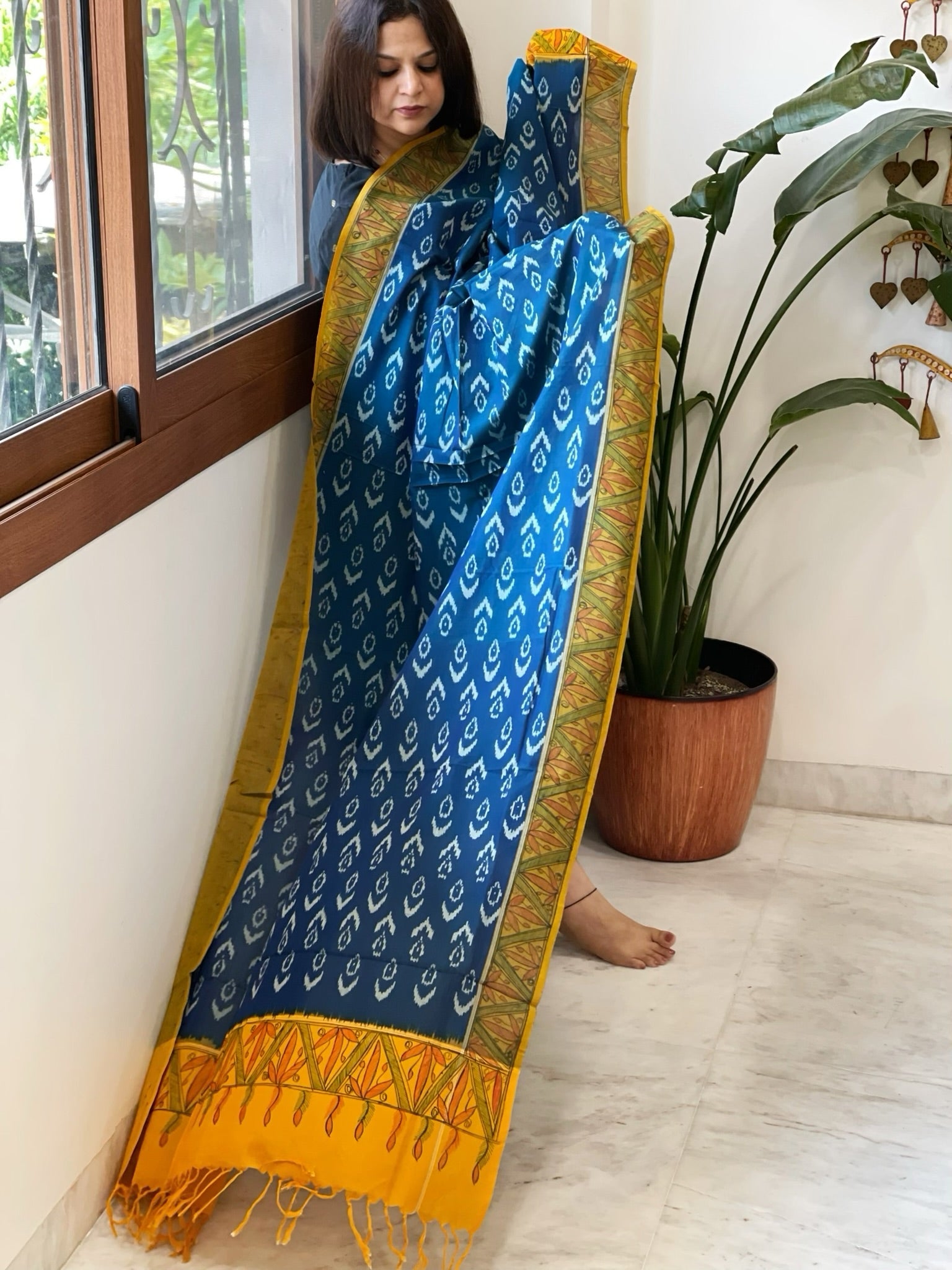 Blue Handwoven Ikat Dupatta with Handpainted Madhubani in Cotton - Masakalee