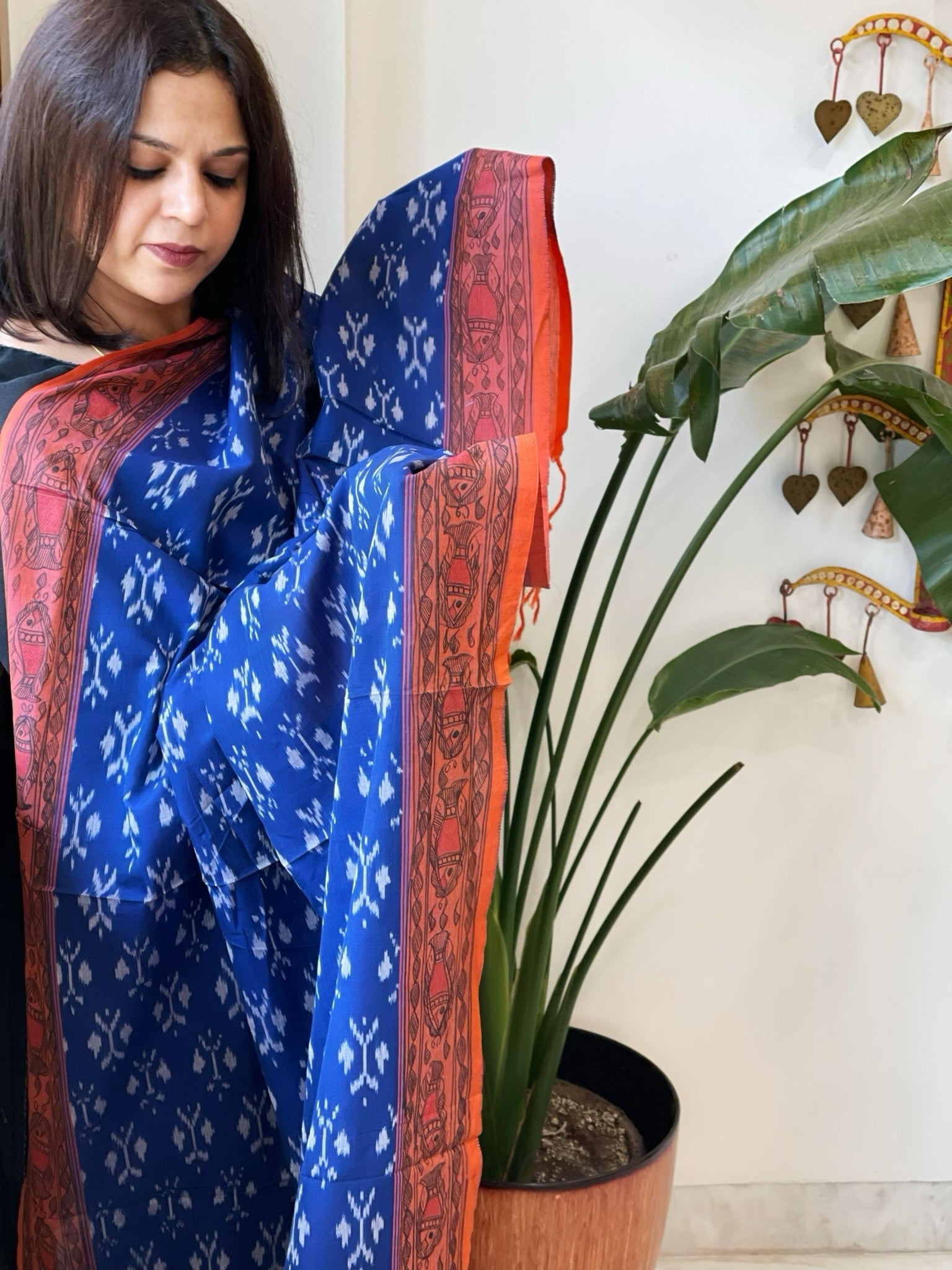Blue Handwoven Ikat Dupatta with Handpainted Madhubani in Cotton - Masakalee