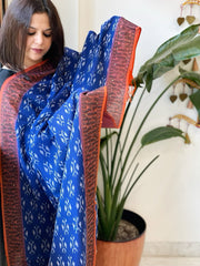 Blue Handwoven Ikat Dupatta with Handpainted Madhubani in Cotton - Masakalee