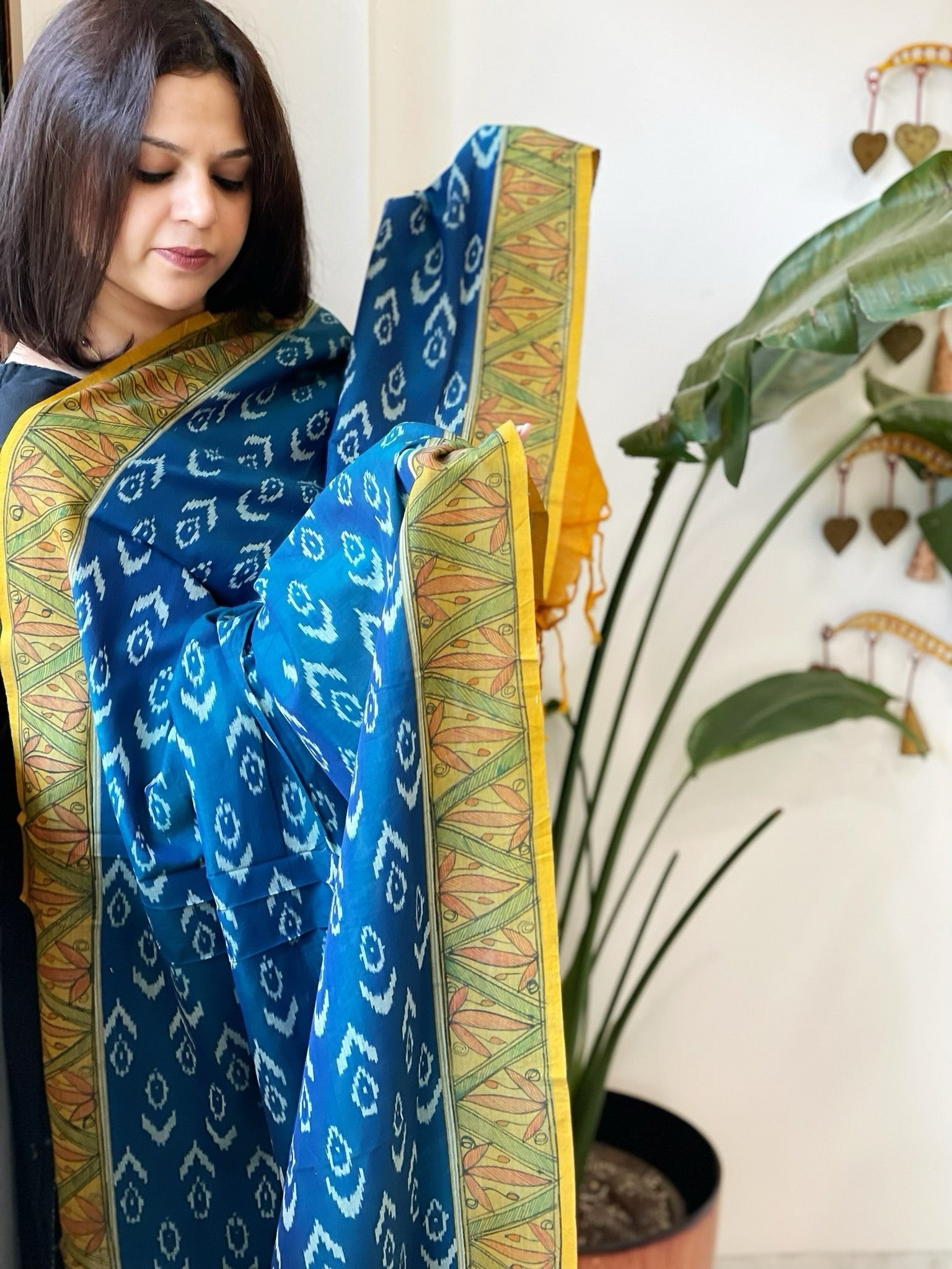 Blue Handwoven Ikat Dupatta with Handpainted Madhubani in Cotton - Masakalee