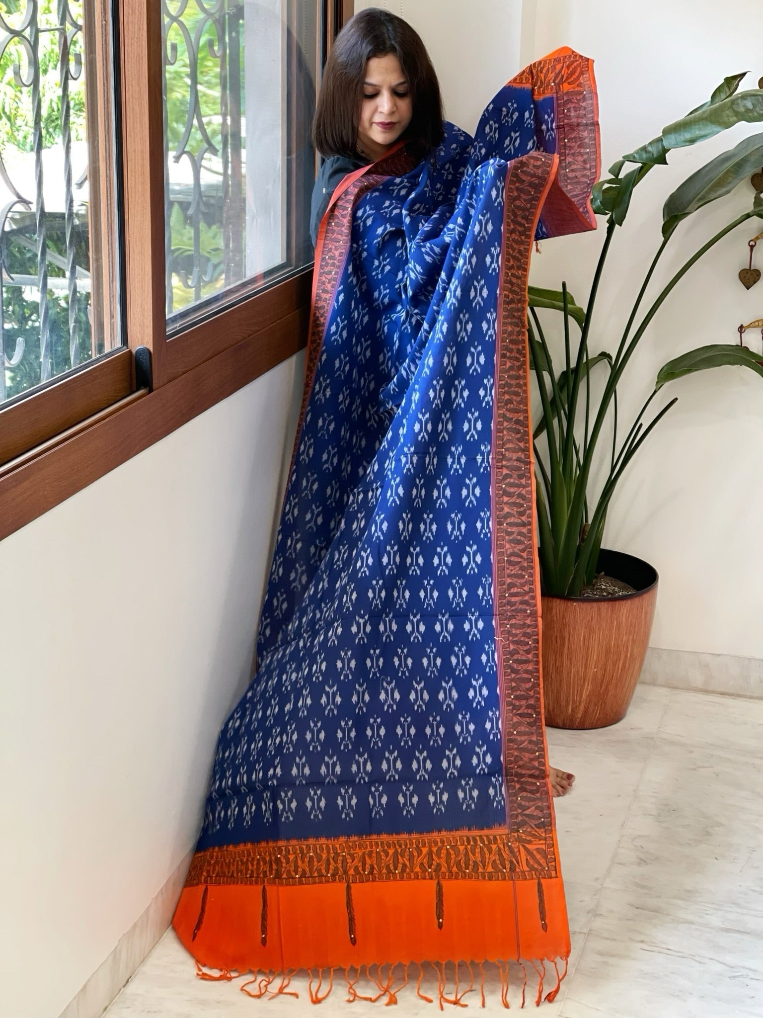 Blue Handwoven Ikat Dupatta with Handpainted Madhubani in Cotton - Masakalee