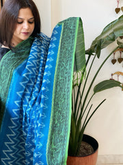 Blue Handwoven Ikat Dupatta with Handpainted Madhubani in Cotton - Masakalee
