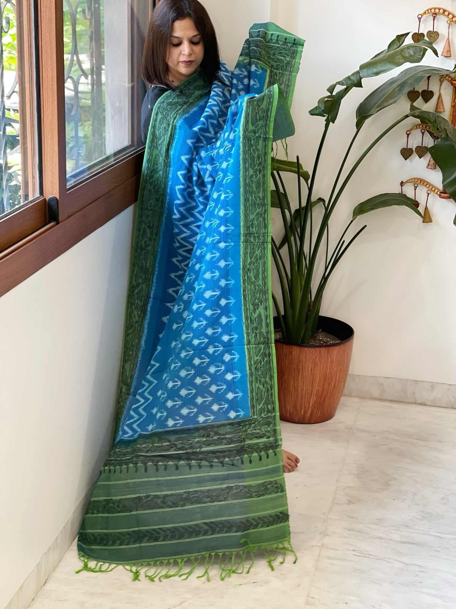 Blue Handwoven Ikat Dupatta with Handpainted Madhubani in Cotton - Masakalee