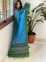 Blue Handwoven Ikat Dupatta with Handpainted Madhubani in Cotton - Masakalee