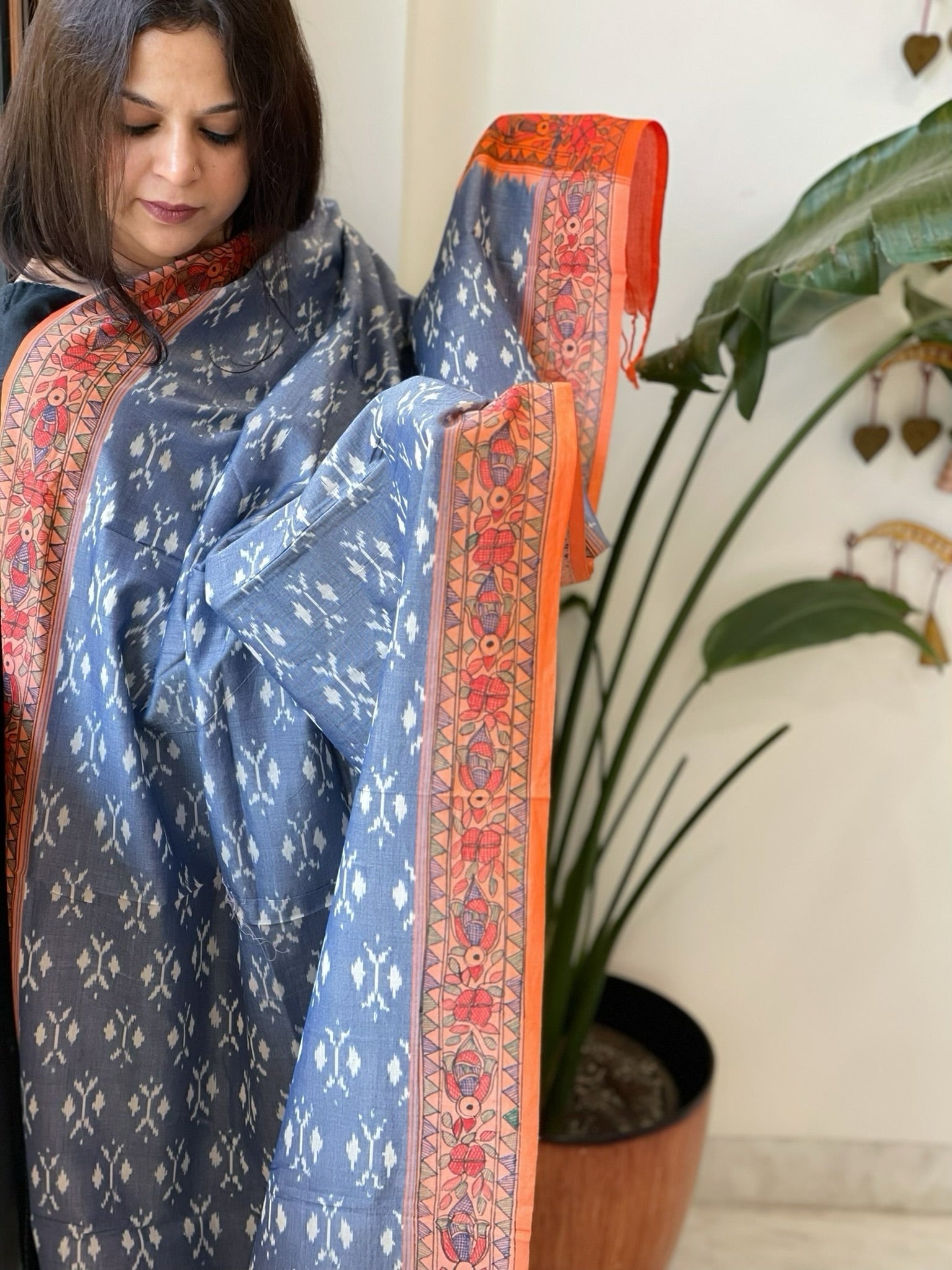 Blue Handwoven Ikat Dupatta with Handpainted Madhubani in Cotton - Masakalee