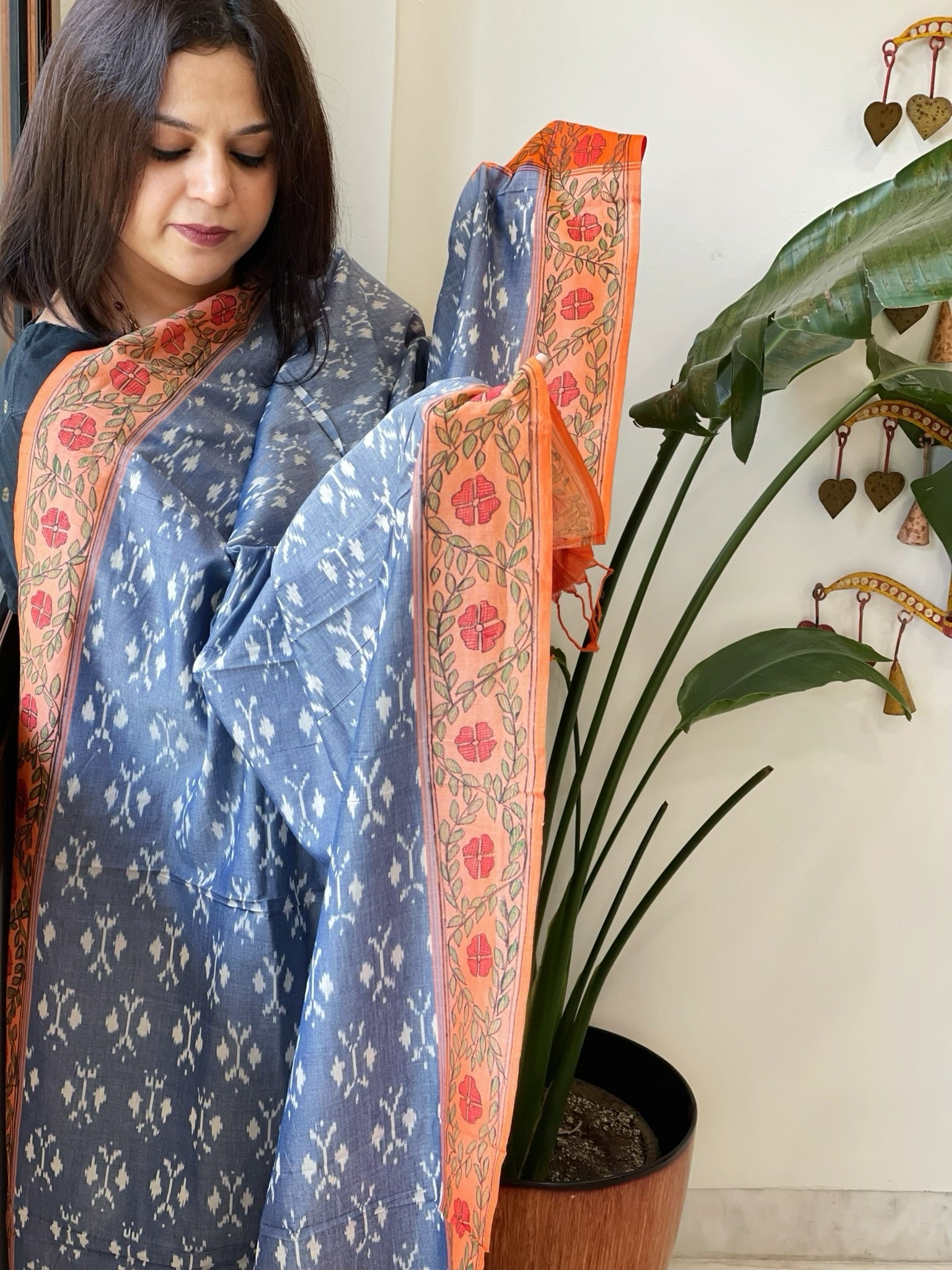 Blue Handwoven Ikat Dupatta with Handpainted Madhubani in Cotton - Masakalee