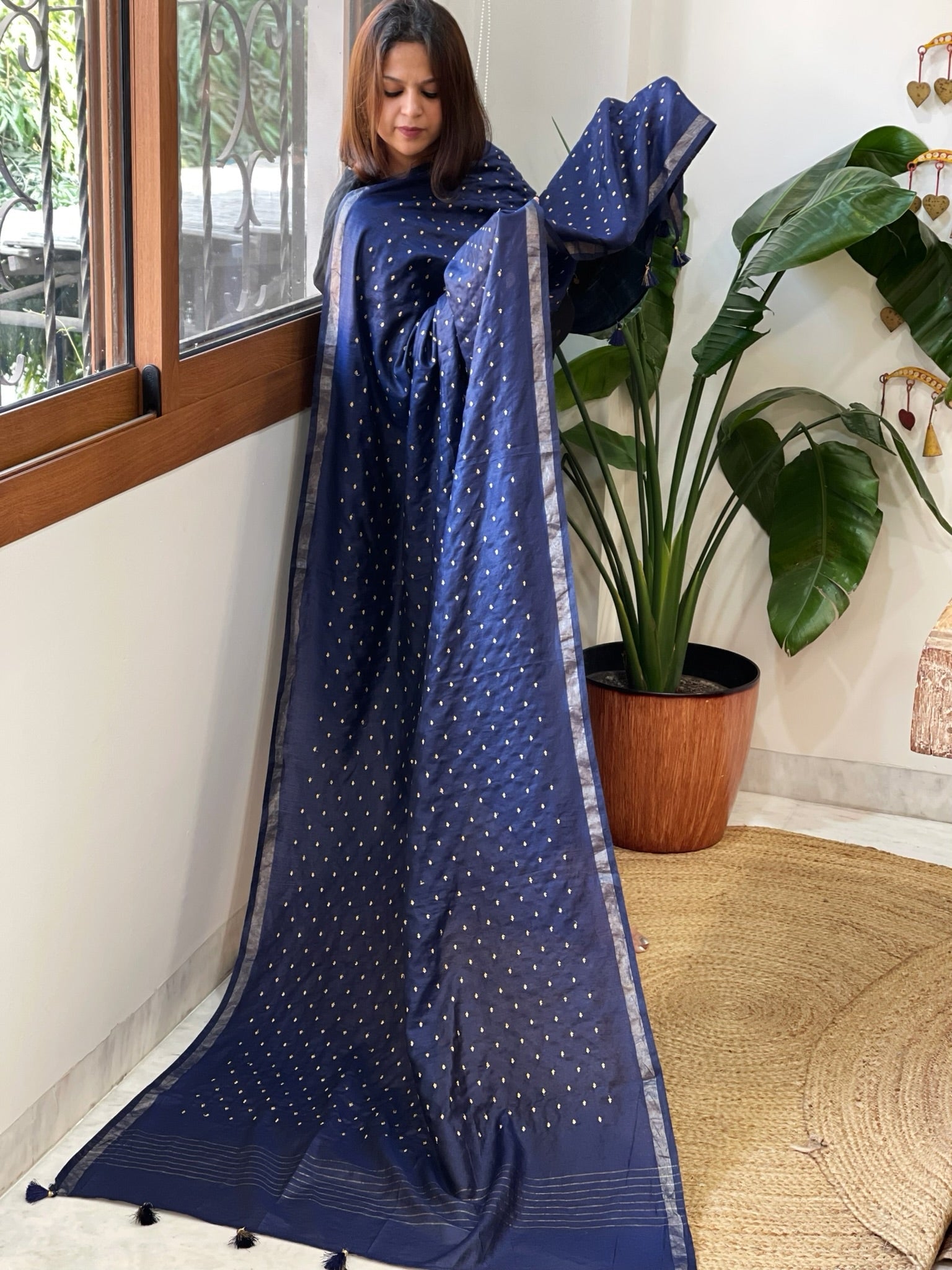 Blue Handwoven Muga Silk dupattas with Hand Embroidery - Masakalee