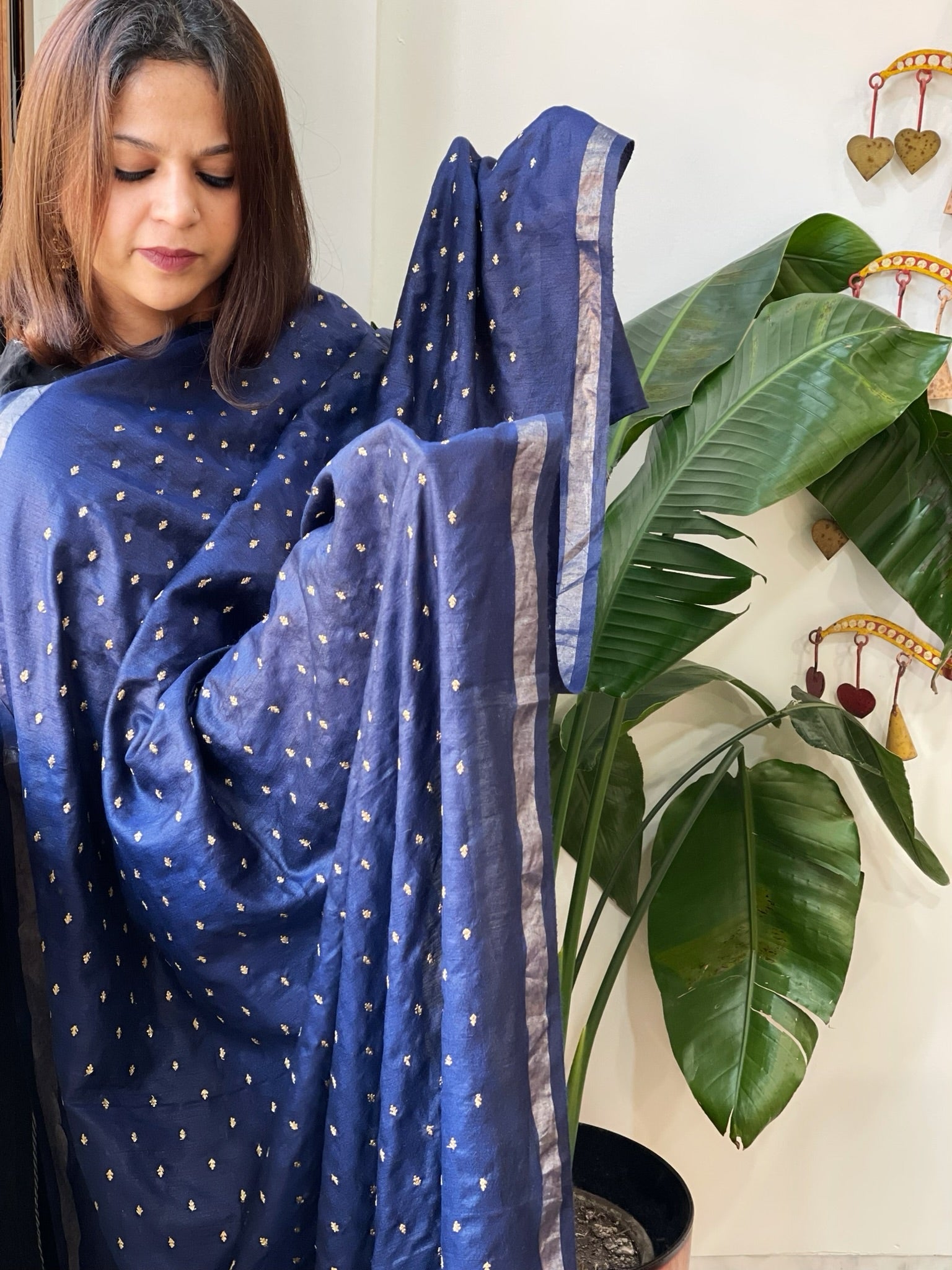 Blue Handwoven Muga Silk dupattas with Hand Embroidery - Masakalee