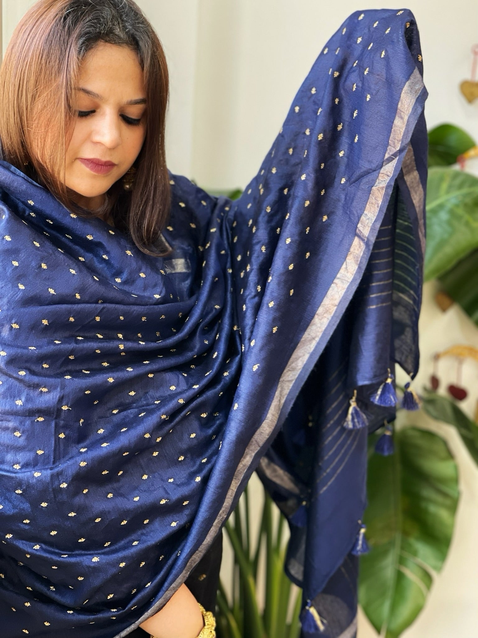 Blue Handwoven Muga Silk dupattas with Hand Embroidery - Masakalee