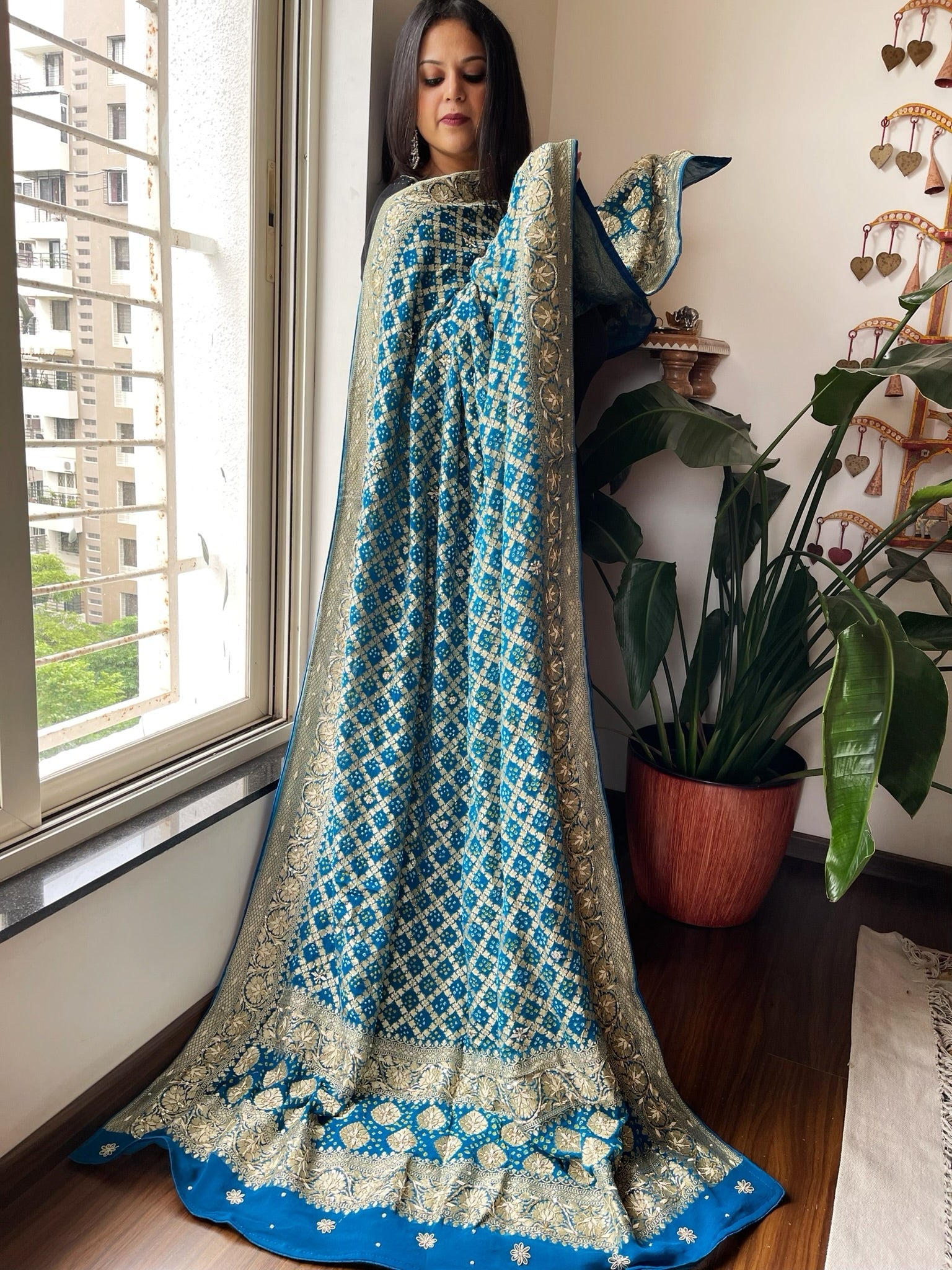 Blue Handwoven NeemZari Bareek Bandhani with Dabka Handwork in Pure Georgette - Masakalee