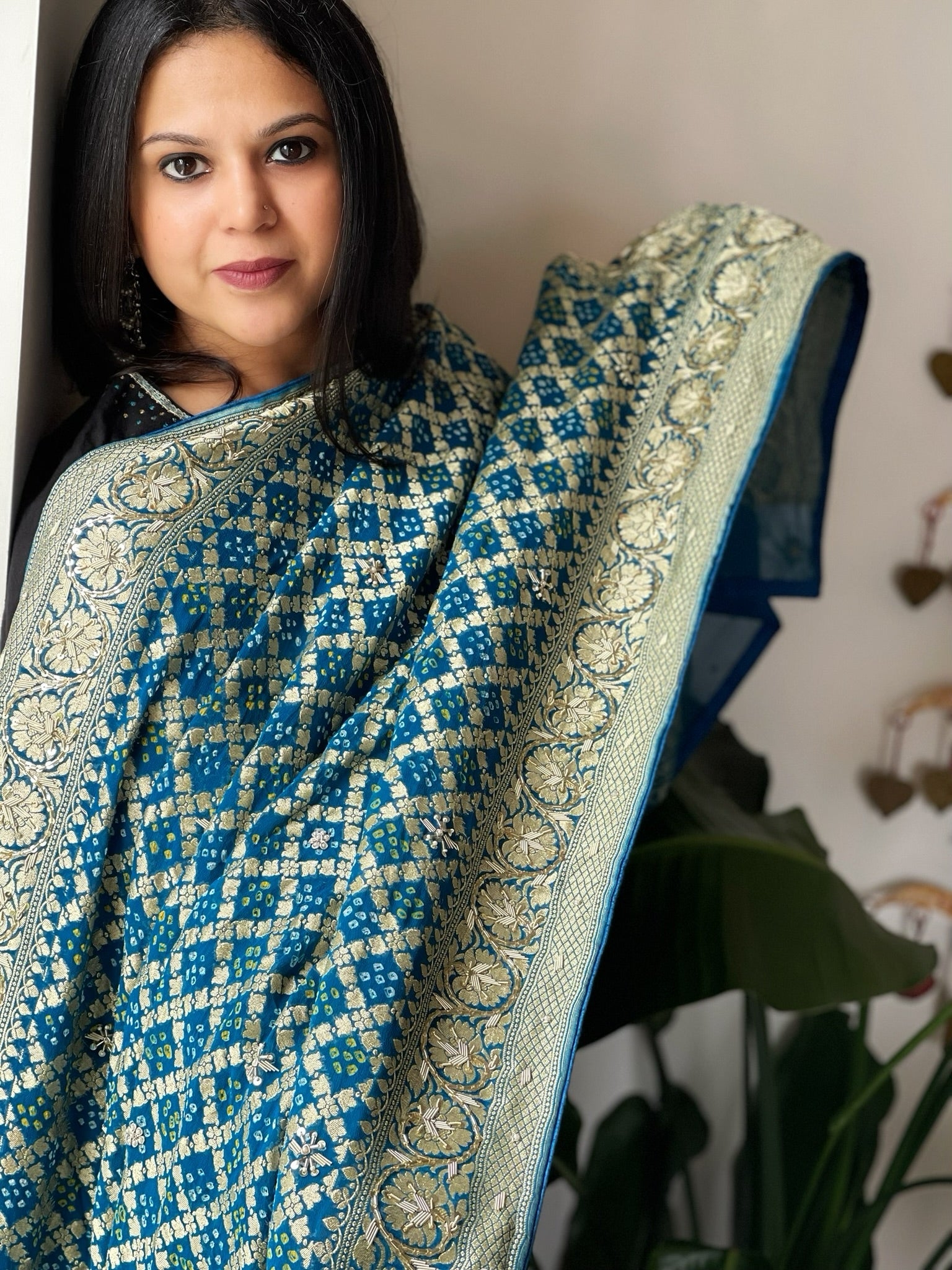 Blue Handwoven NeemZari Bareek Bandhani with Dabka Handwork in Pure Georgette - Masakalee