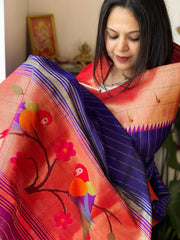 Blue Handwoven Triple Zari Border Paithani Dupatta in Pure Silk - Masakalee
