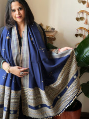 Blue Handwoven Woollen Shawl with Mirror Handwork - Masakalee