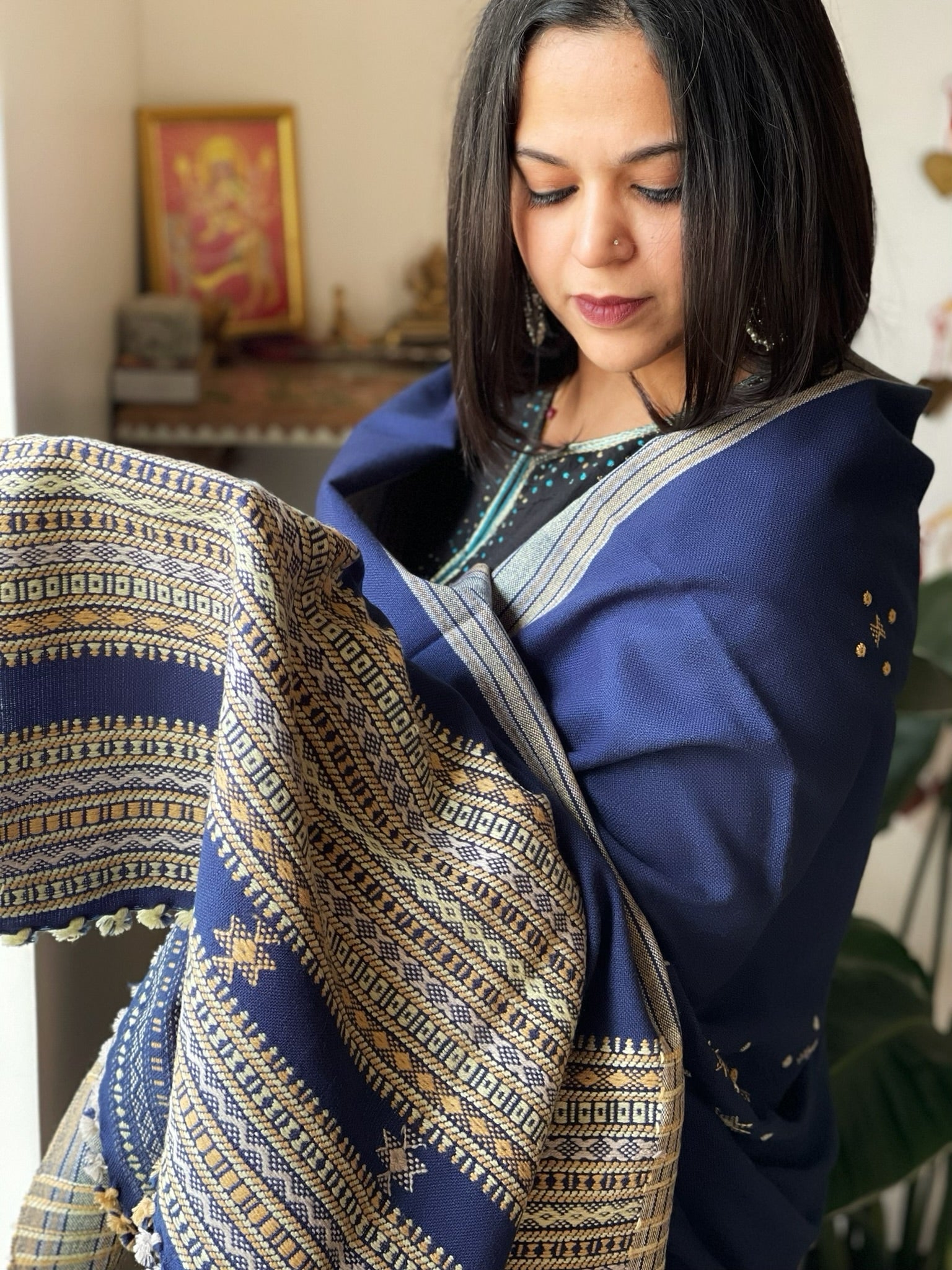Blue Handwoven Woollen Shawl with Mirror Handwork - Masakalee