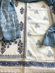 Blue, Ivory Handblock Printed Embroidered Suit Set with Lace Detailing in Pure Cotton - Masakalee