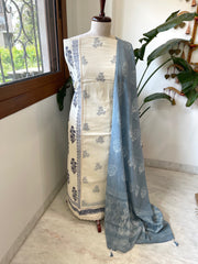 Blue, Ivory Handblock Printed Embroidered Suit Set with Lace Detailing in Pure Cotton - Masakalee