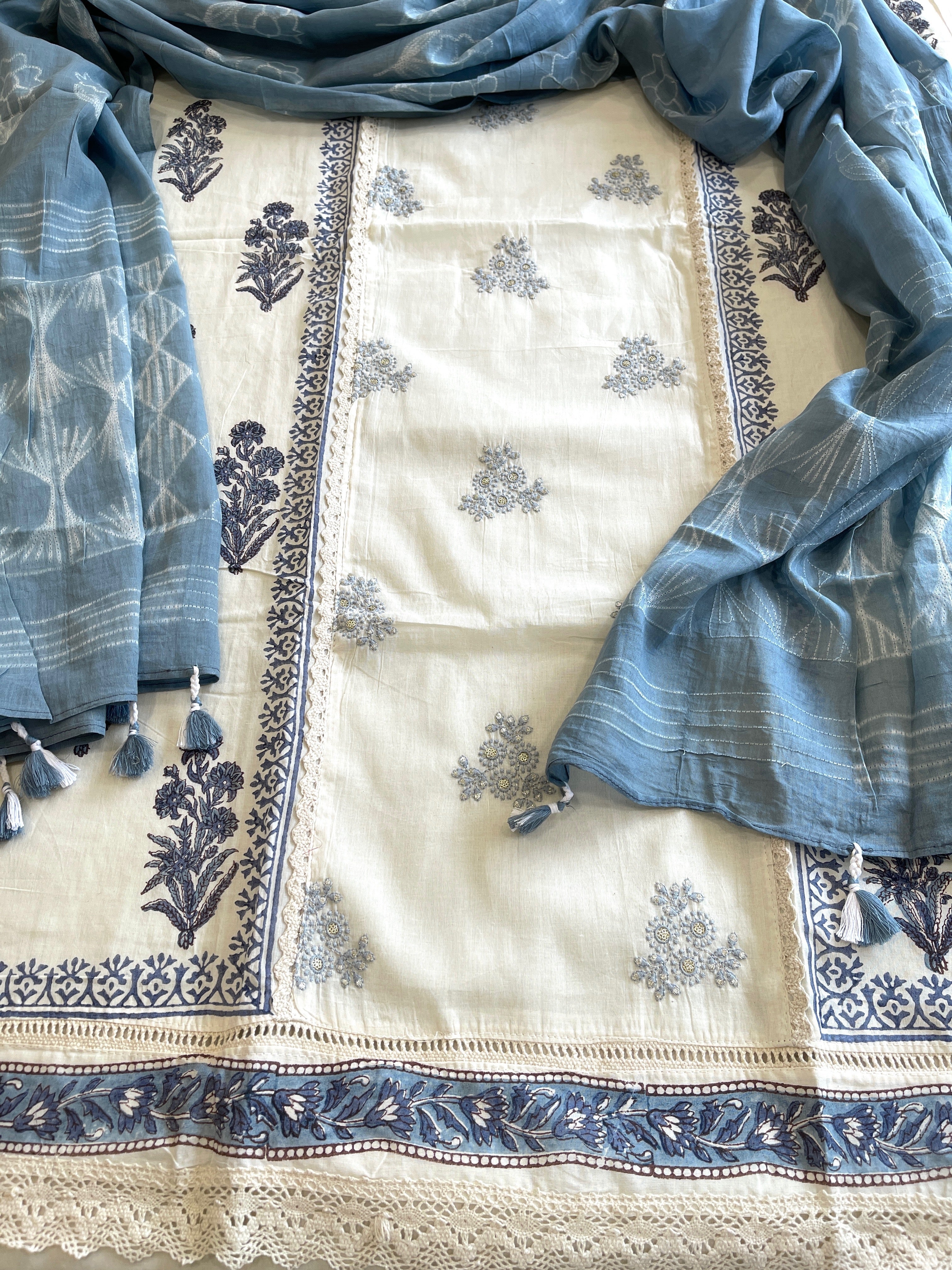 Blue, Ivory Handblock Printed Embroidered Suit Set with Lace Detailing in Pure Cotton - Masakalee