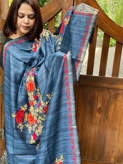 Blue Kashmiri Aari Embroidered Dupatta in Geecha Silk - Masakalee