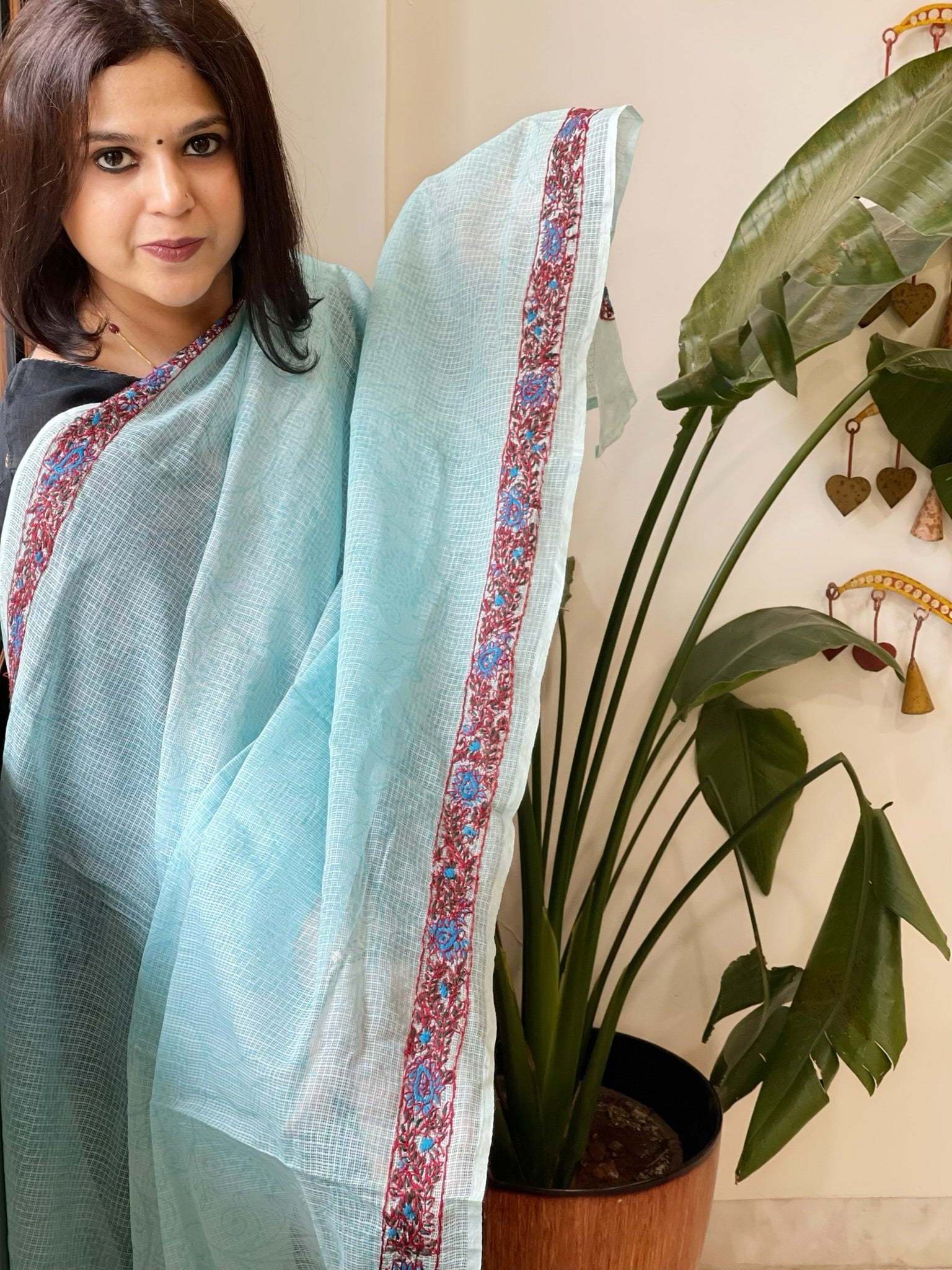 Blue Kota Cotton Dupatta with Kantha Hand Embroidery - Masakalee