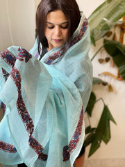 Blue Kota Cotton Dupatta with Kantha Hand Embroidery - Masakalee