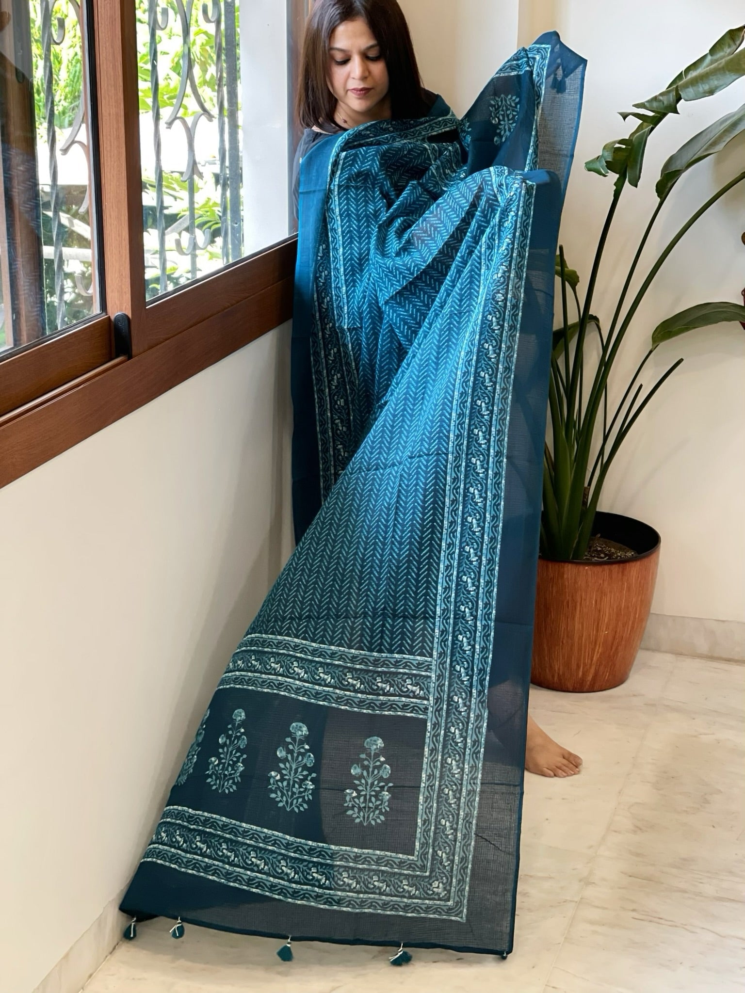 Blue Kota Cotton Handblock Printed Dupatta - Masakalee