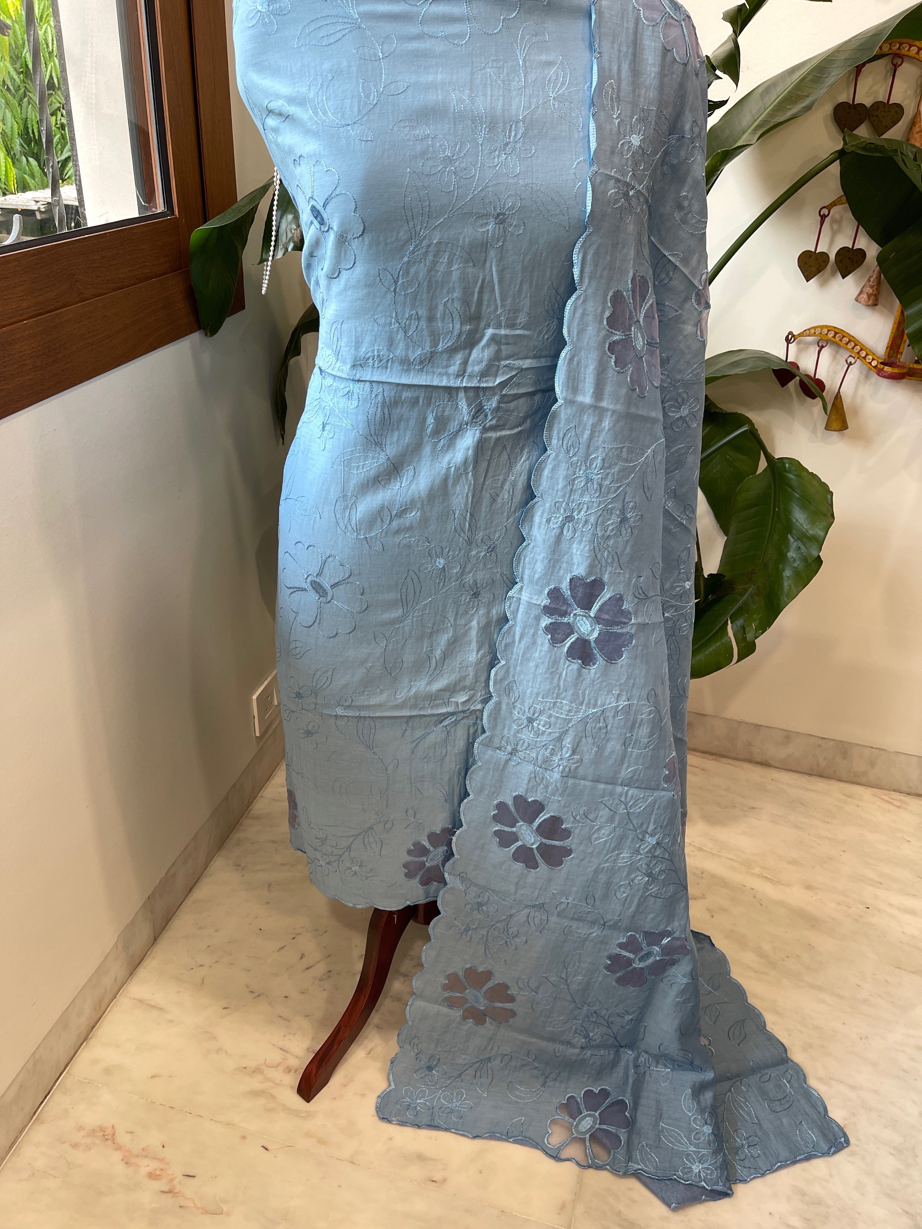 Blue Mul Chanderi Suit Set with Cut Work - Masakalee