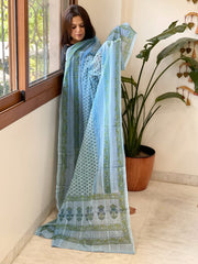 Blue Mul Cotton Handblock Printed Dupatta - Masakalee