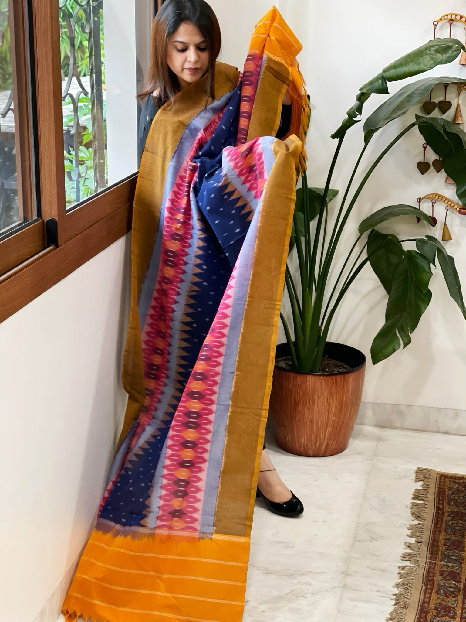 Blue, Mustard Handwoven Ikat Dupatta in Cotton - Masakalee