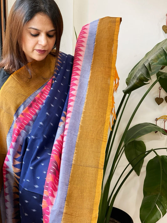 Blue, Mustard Handwoven Ikat Dupatta in Cotton - Masakalee