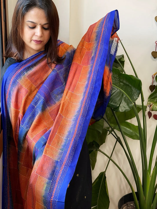 Blue, Orange Handmade Kantha Dupatta in Silk - Masakalee