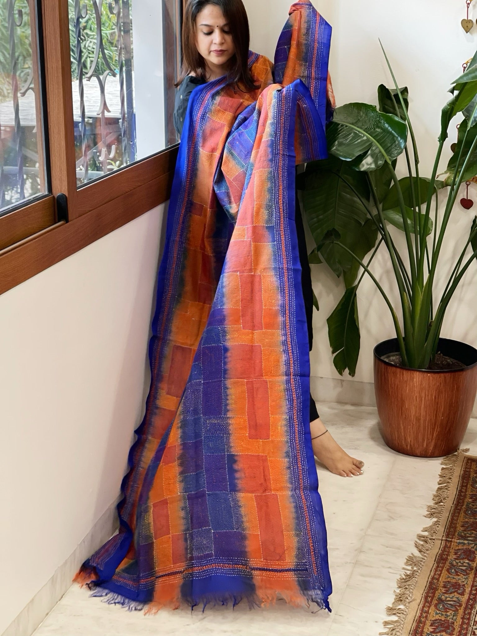 Blue, Orange Handmade Kantha Dupatta in Silk - Masakalee