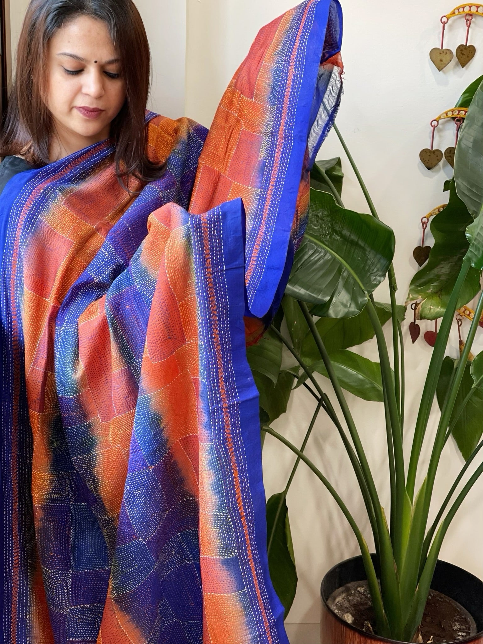 Blue, Orange Handmade Kantha Dupatta in Silk - Masakalee
