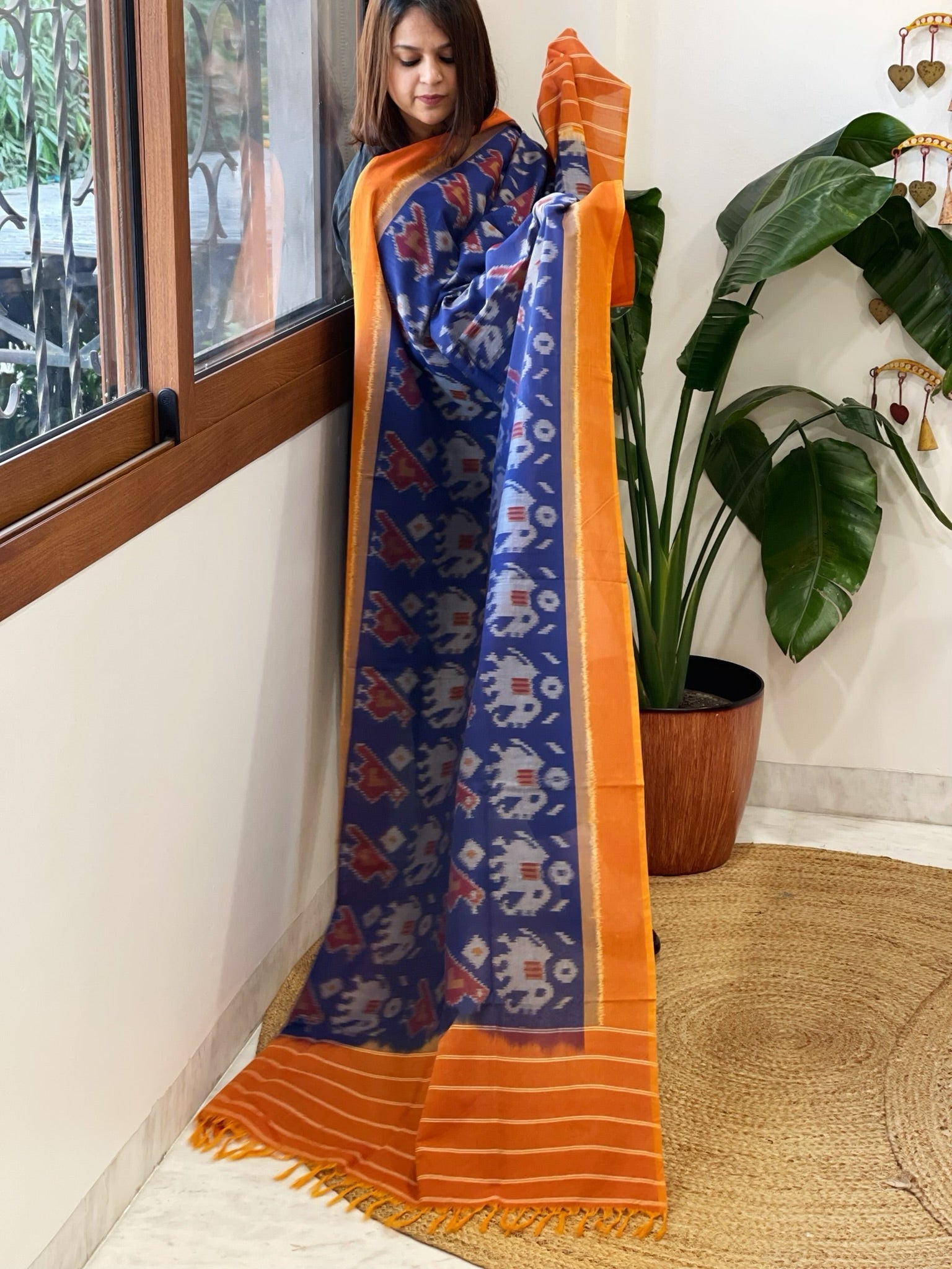 Blue, Orange Handwoven Ikat Dupatta in Cotton - Masakalee
