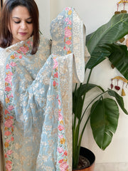Blue Parsi Gara Embroidery Dupatta in Georgette - Masakalee