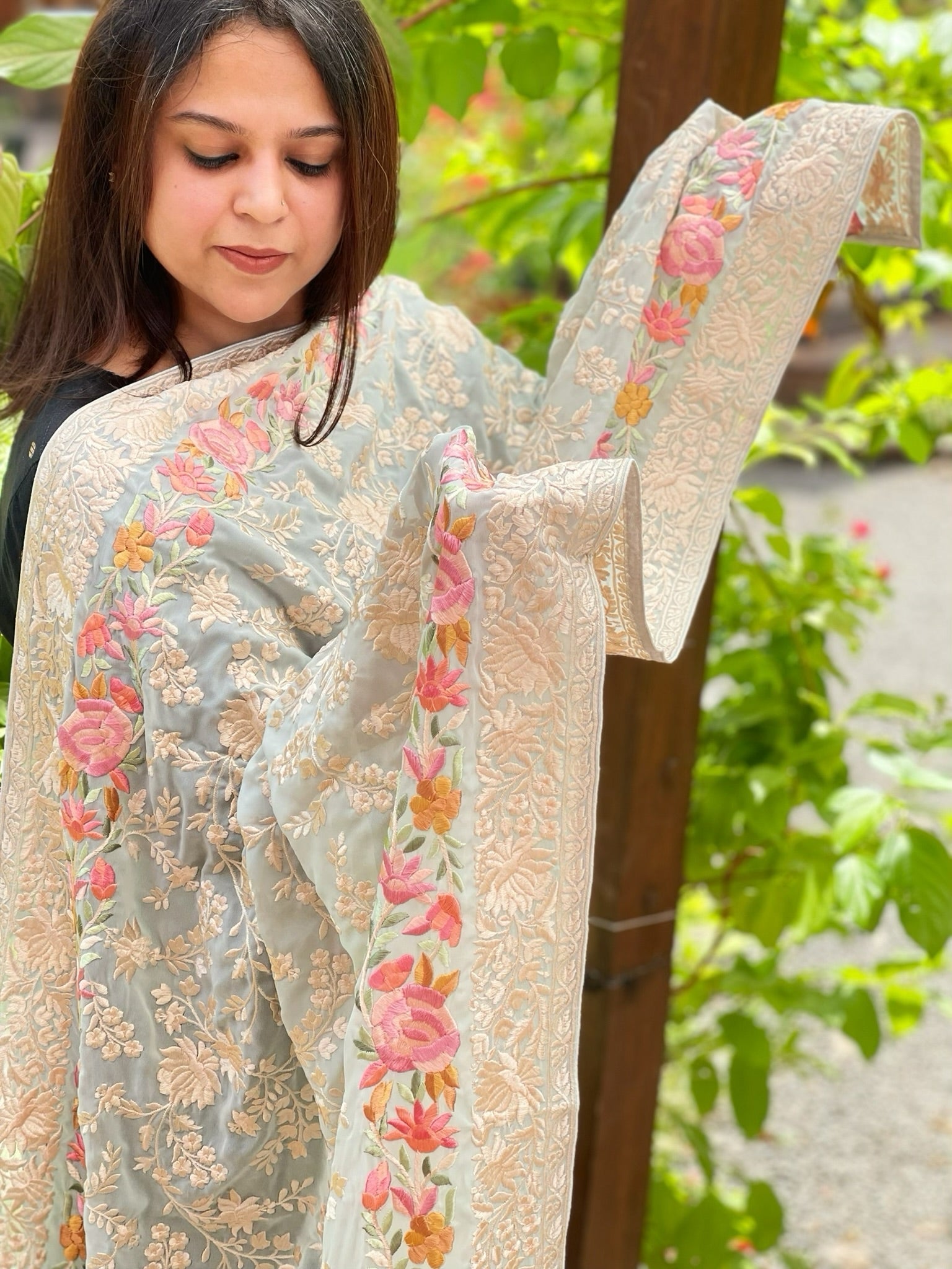 Blue Parsi Gara Embroidery Dupatta in Georgette - Masakalee