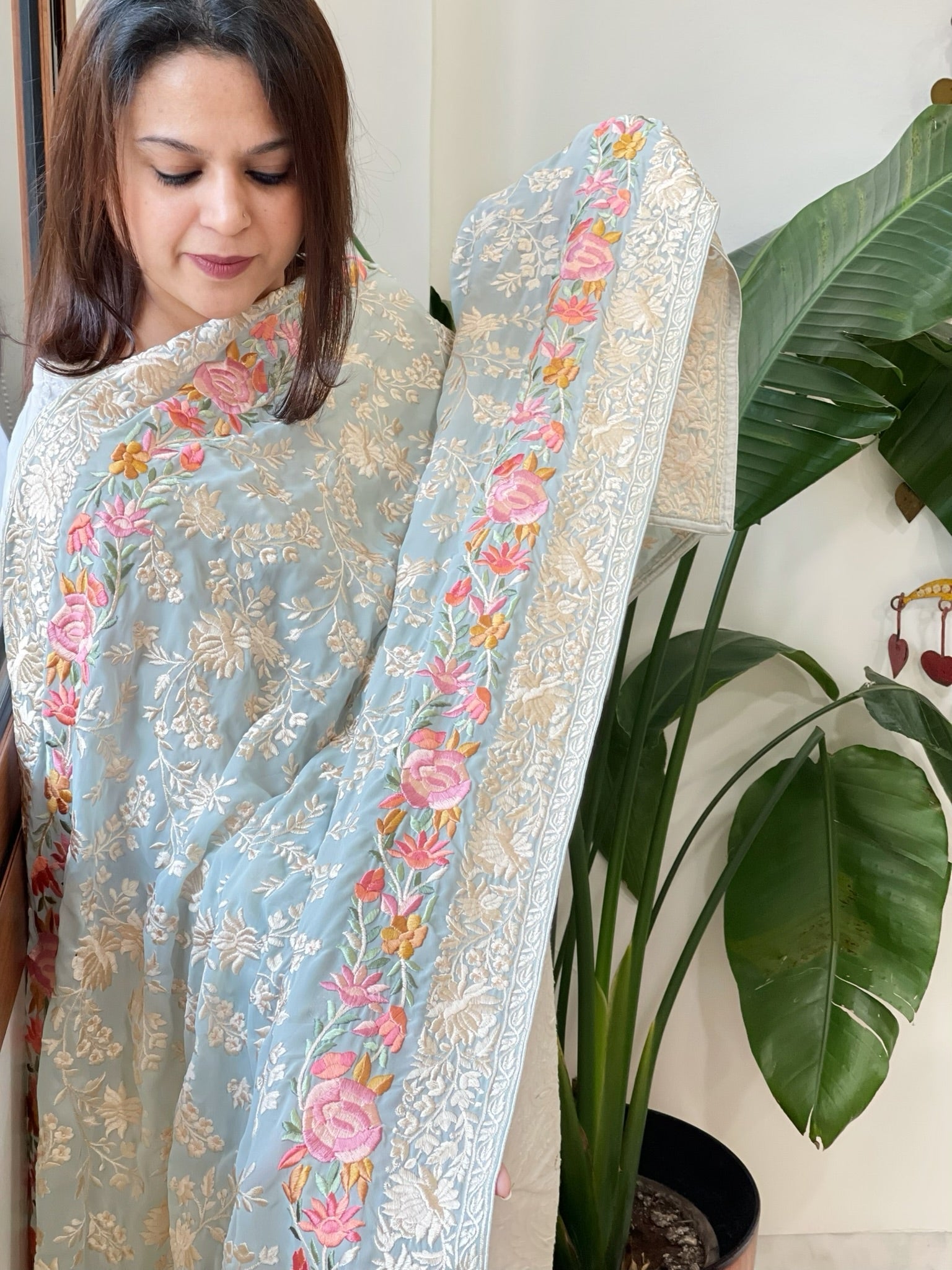 Blue Parsi Gara Embroidery Dupatta in Georgette - Masakalee