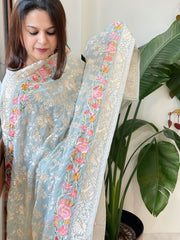 Blue Parsi Gara Embroidery Dupatta in Georgette - Masakalee