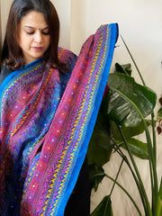 Blue, Pink Handmade Kantha Dupatta in Silk - Masakalee