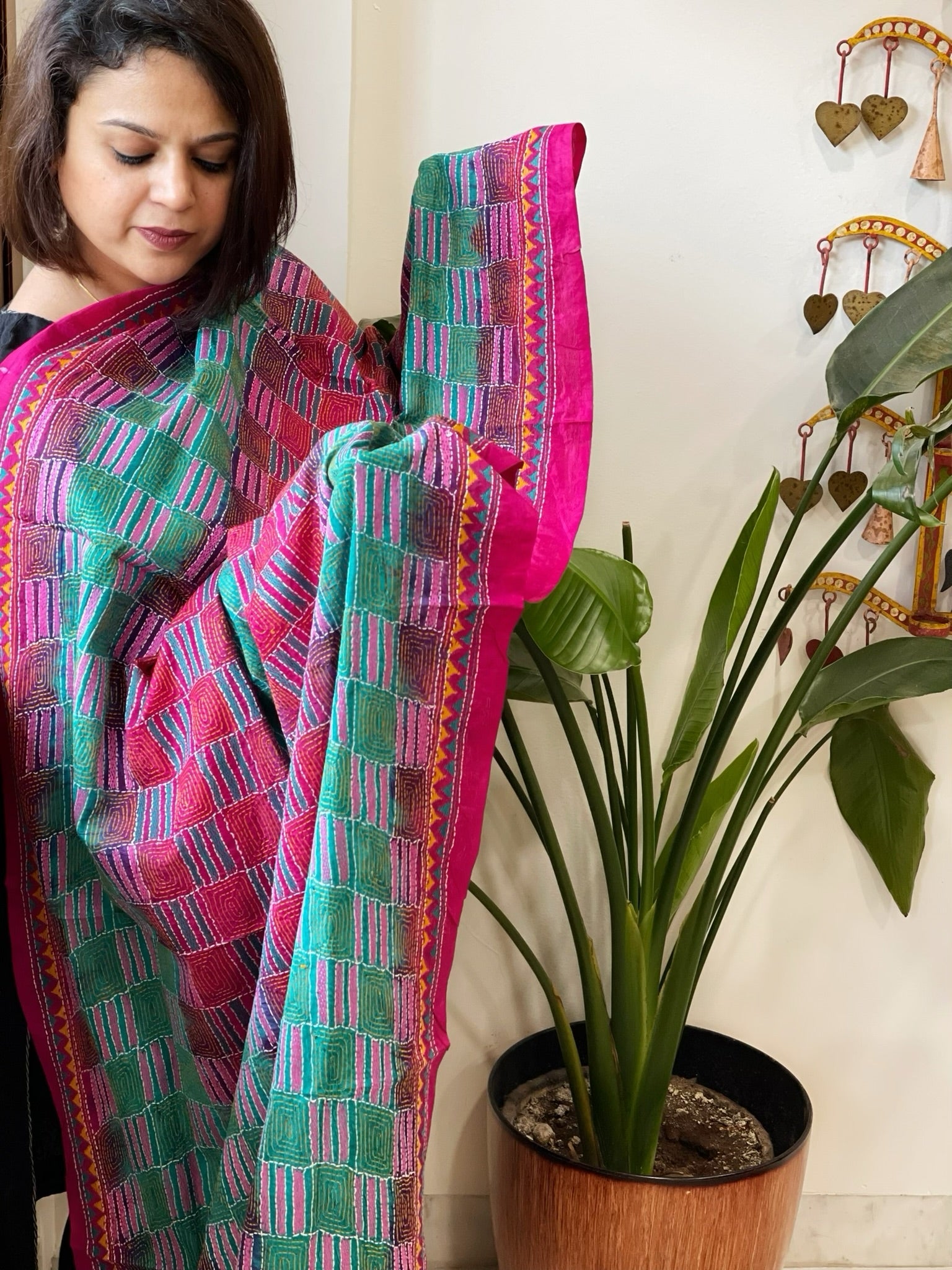 Blue, Pink Handmade Kantha Dupatta in Silk - Masakalee