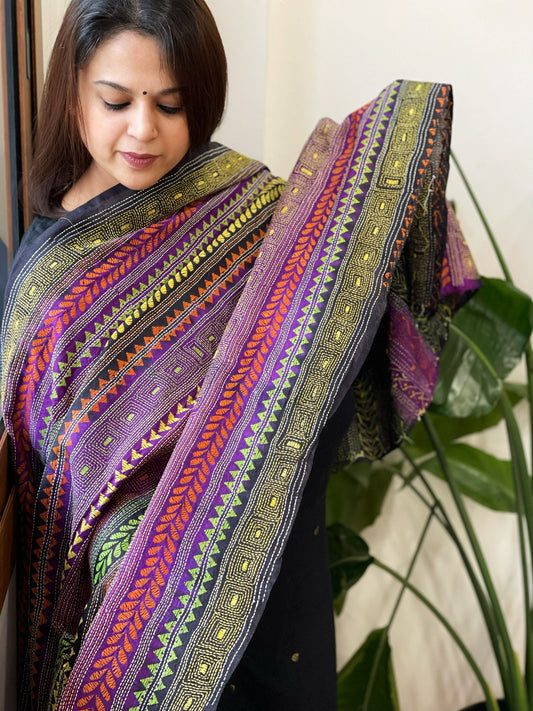 Blue, Purple Handmade Kantha Dupatta in Silk - Masakalee