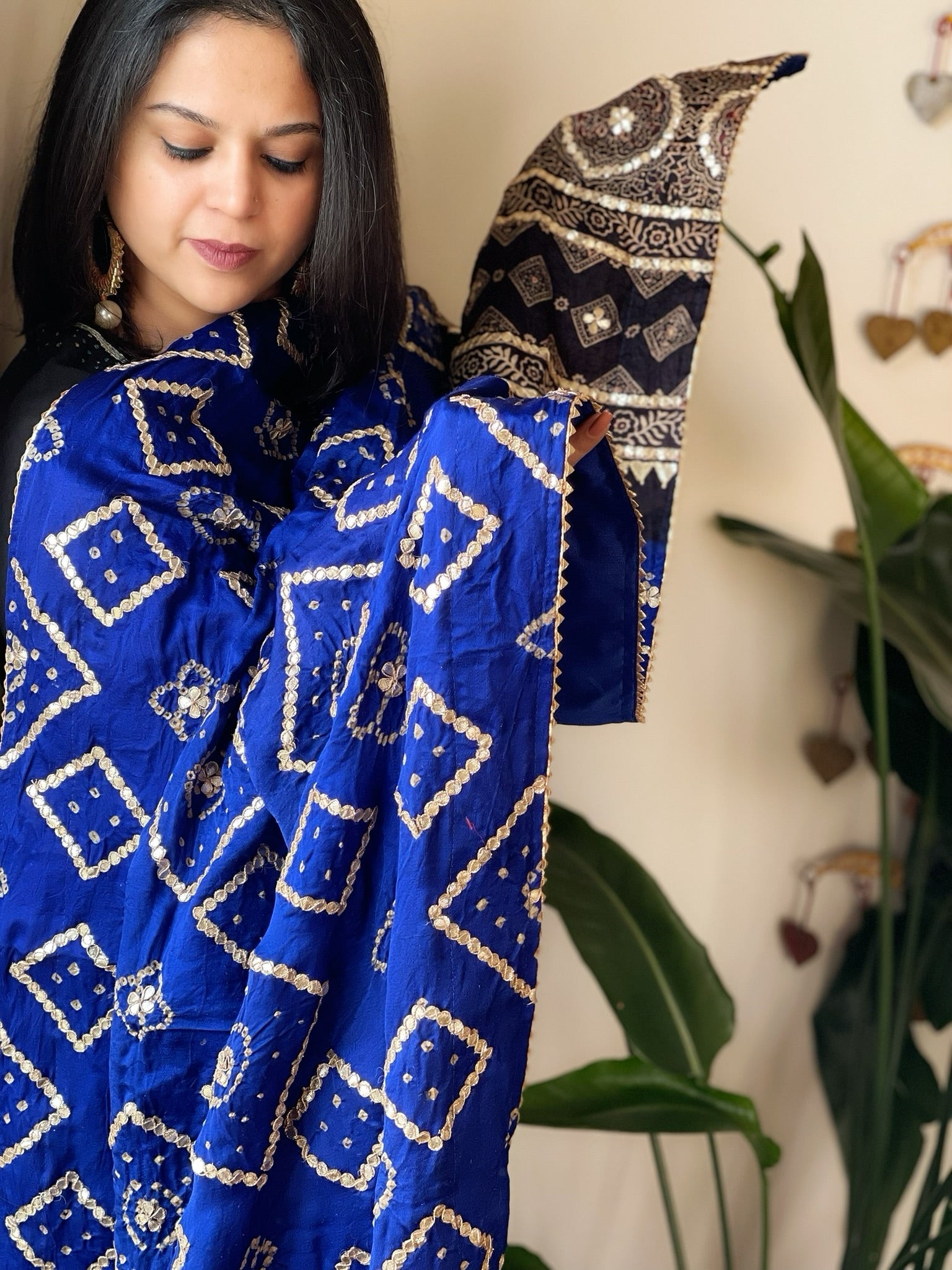 Blue Rai Bandhani, Ajrakh Dupatta with Gotapatti Handwork in Gajji Silk - Masakalee