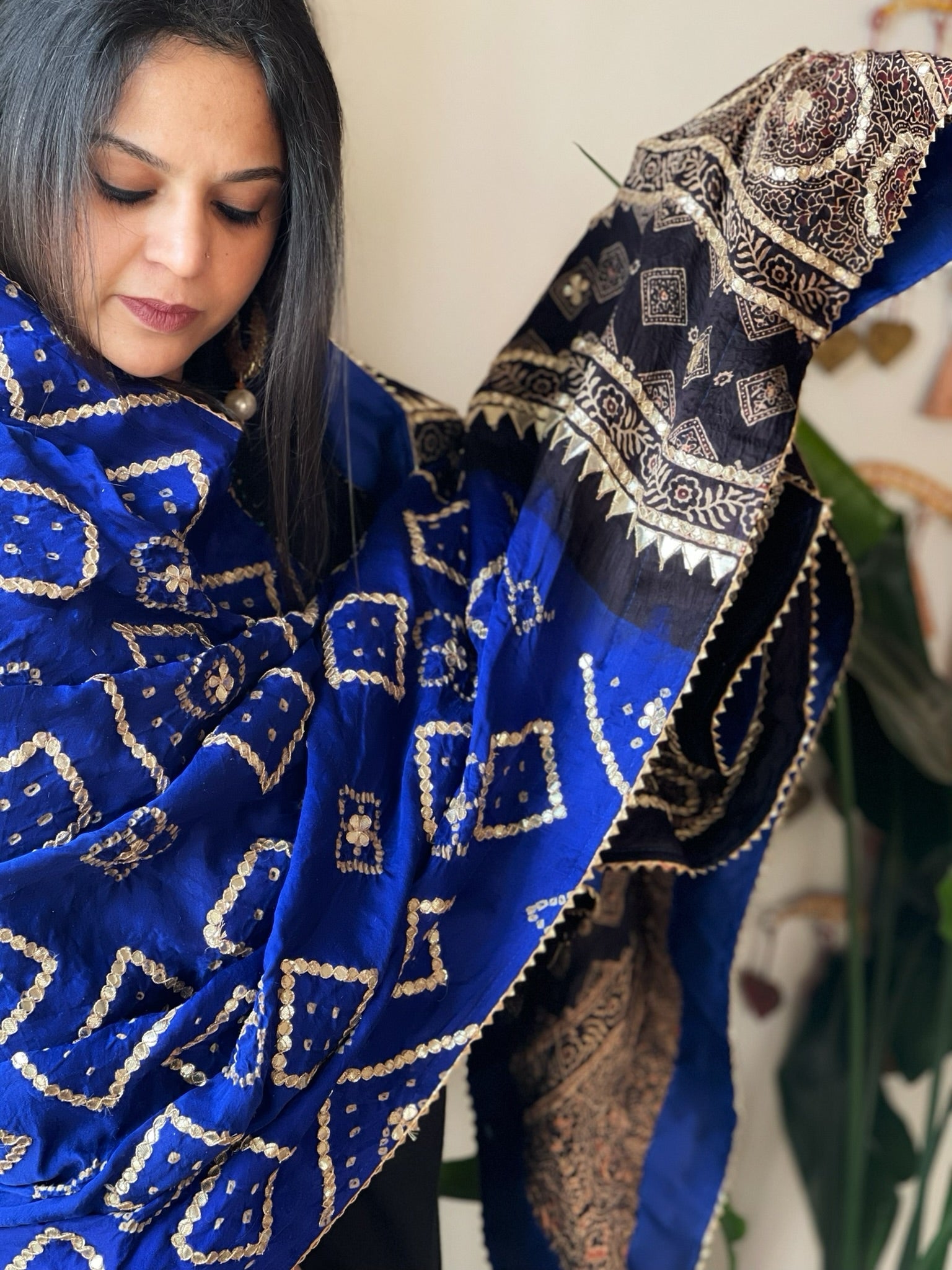 Blue Rai Bandhani, Ajrakh Dupatta with Gotapatti Handwork in Gajji Silk - Masakalee