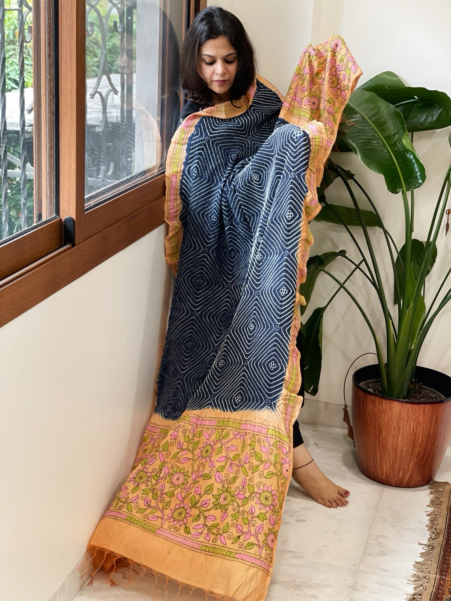 Blue Rai Bandhej Dupatta with Kantha Handwork in Pure Munga Tussar Silk - Masakalee