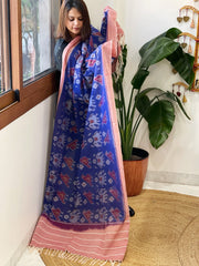 Blue, Red Handwoven Ikat Dupatta in Cotton - Masakalee