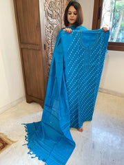 Blue Suit Set with Hand Embroidery in Pure Tussar Silk - Masakalee